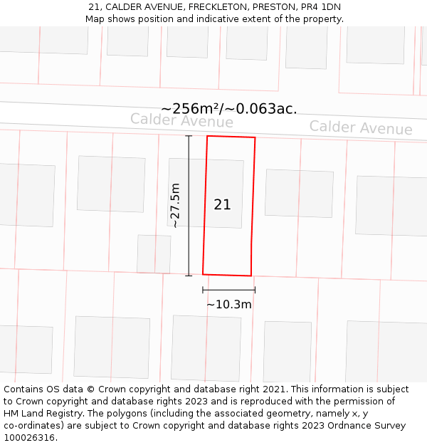 21, CALDER AVENUE, FRECKLETON, PRESTON, PR4 1DN: Plot and title map