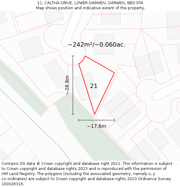 21, CALTHA DRIVE, LOWER DARWEN, DARWEN, BB3 0TA: Plot and title map