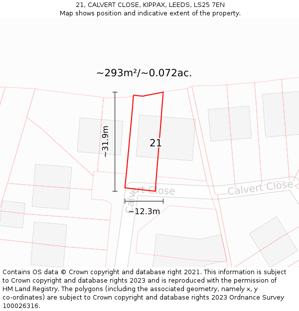 21, CALVERT CLOSE, KIPPAX, LEEDS, LS25 7EN: Plot and title map