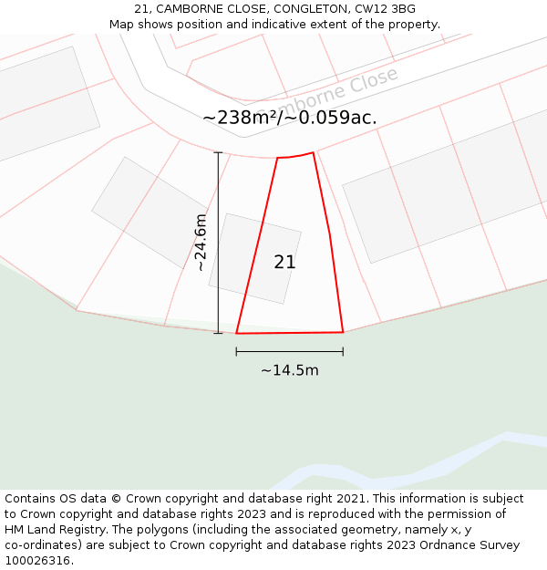 21, CAMBORNE CLOSE, CONGLETON, CW12 3BG: Plot and title map