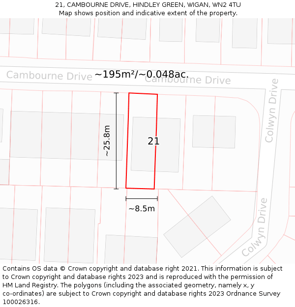21, CAMBOURNE DRIVE, HINDLEY GREEN, WIGAN, WN2 4TU: Plot and title map