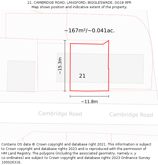 21, CAMBRIDGE ROAD, LANGFORD, BIGGLESWADE, SG18 9PR: Plot and title map