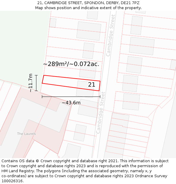 21, CAMBRIDGE STREET, SPONDON, DERBY, DE21 7PZ: Plot and title map