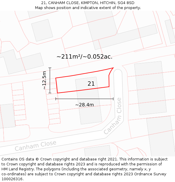 21, CANHAM CLOSE, KIMPTON, HITCHIN, SG4 8SD: Plot and title map