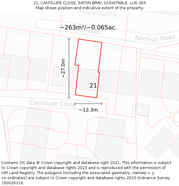 21, CANTILUPE CLOSE, EATON BRAY, DUNSTABLE, LU6 2EA: Plot and title map
