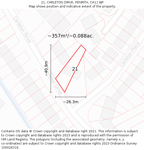 21, CARLETON DRIVE, PENRITH, CA11 8JP: Plot and title map