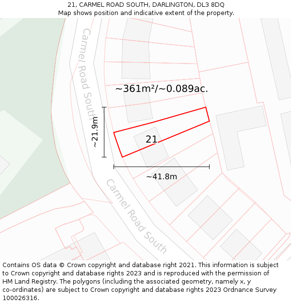 21, CARMEL ROAD SOUTH, DARLINGTON, DL3 8DQ: Plot and title map