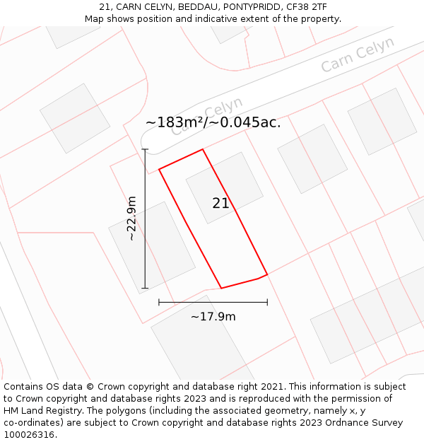21, CARN CELYN, BEDDAU, PONTYPRIDD, CF38 2TF: Plot and title map