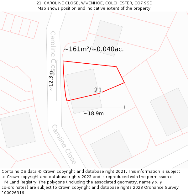 21, CAROLINE CLOSE, WIVENHOE, COLCHESTER, CO7 9SD: Plot and title map