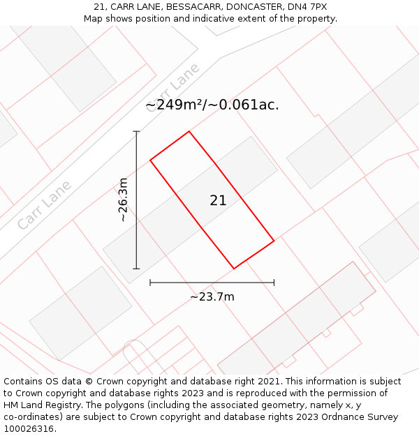 21, CARR LANE, BESSACARR, DONCASTER, DN4 7PX: Plot and title map