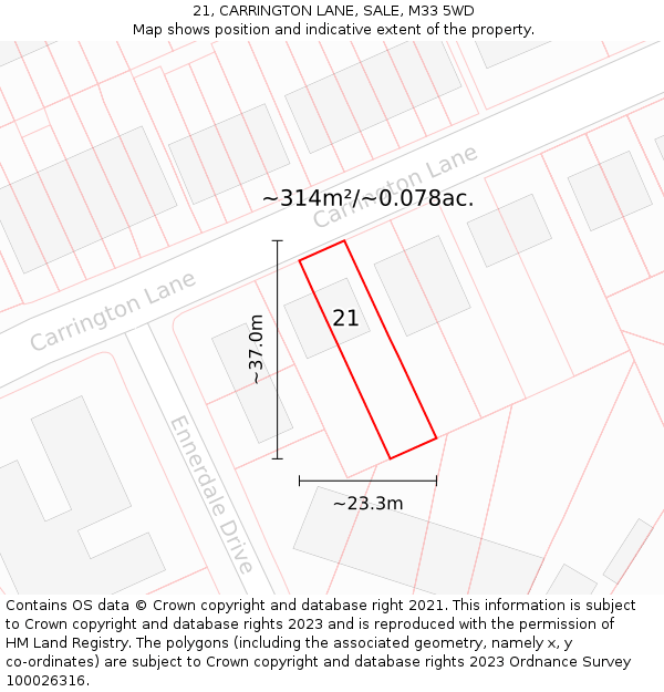 21, CARRINGTON LANE, SALE, M33 5WD: Plot and title map