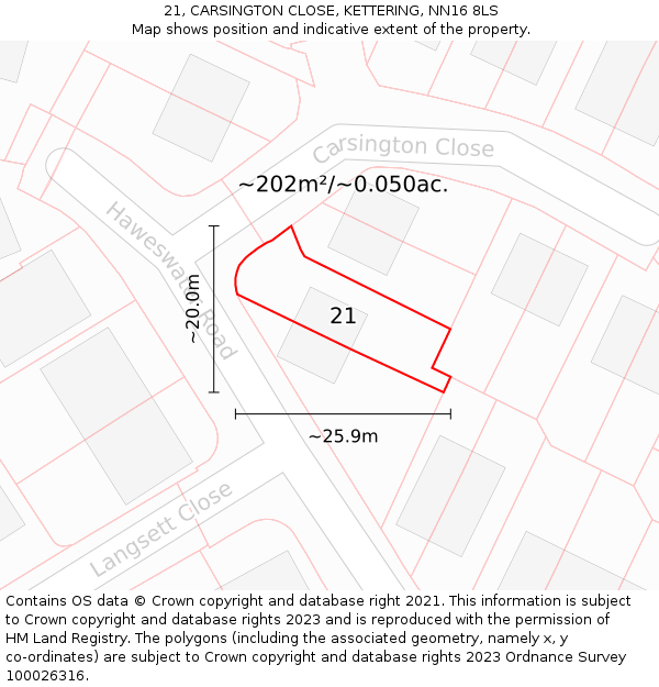 21, CARSINGTON CLOSE, KETTERING, NN16 8LS: Plot and title map