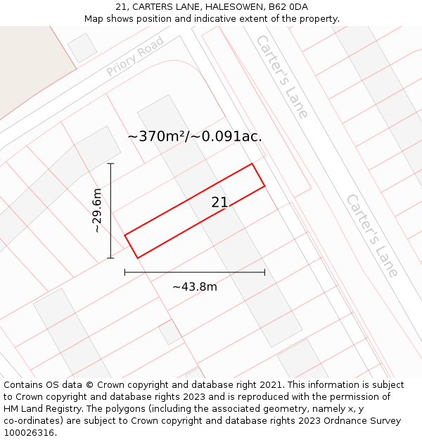 21, CARTERS LANE, HALESOWEN, B62 0DA: Plot and title map