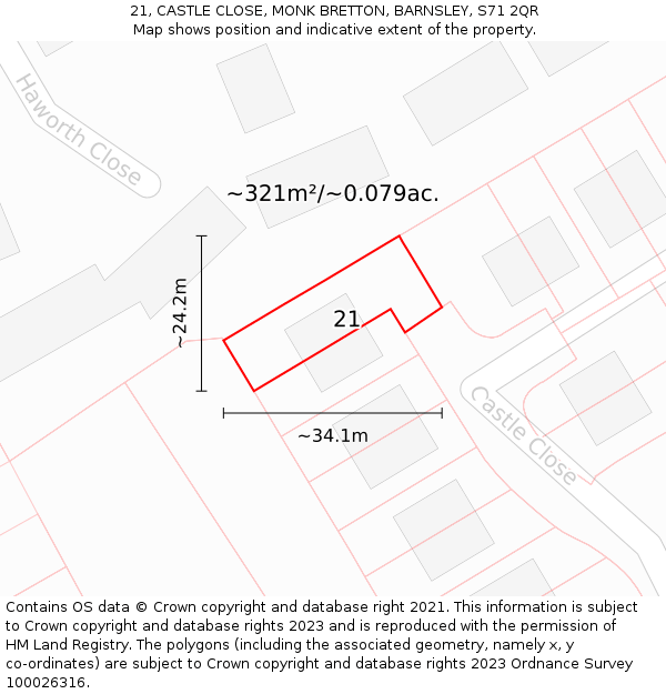 21, CASTLE CLOSE, MONK BRETTON, BARNSLEY, S71 2QR: Plot and title map