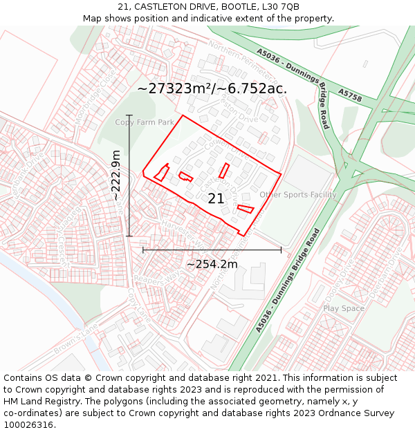 21, CASTLETON DRIVE, BOOTLE, L30 7QB: Plot and title map