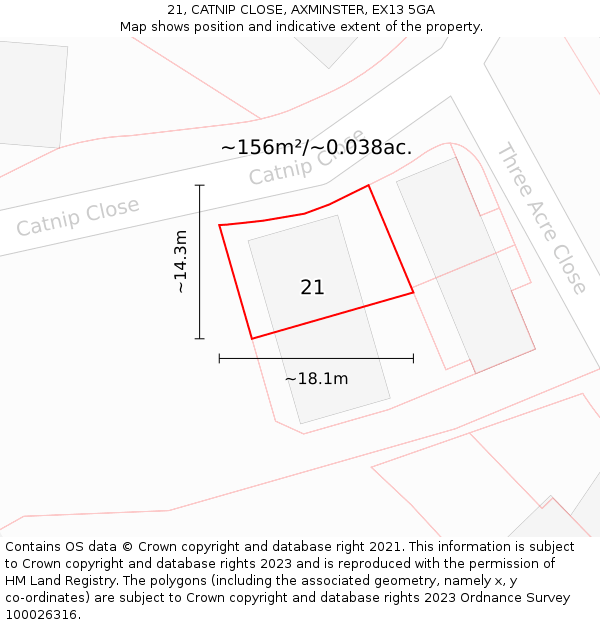 21, CATNIP CLOSE, AXMINSTER, EX13 5GA: Plot and title map