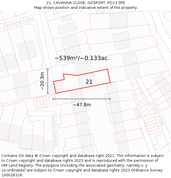 21, CAVANNA CLOSE, GOSPORT, PO13 0PE: Plot and title map