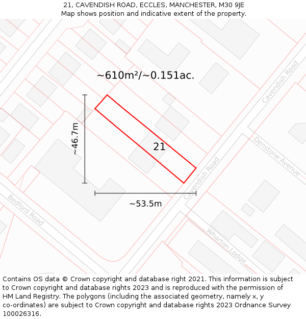 21, CAVENDISH ROAD, ECCLES, MANCHESTER, M30 9JE: Plot and title map