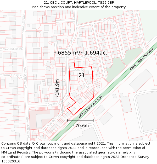 21, CECIL COURT, HARTLEPOOL, TS25 5BF: Plot and title map