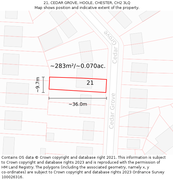 21, CEDAR GROVE, HOOLE, CHESTER, CH2 3LQ: Plot and title map