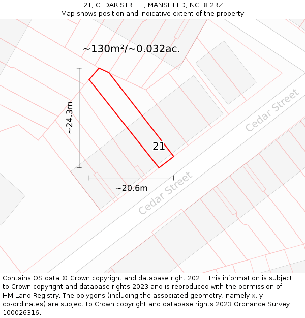 21, CEDAR STREET, MANSFIELD, NG18 2RZ: Plot and title map
