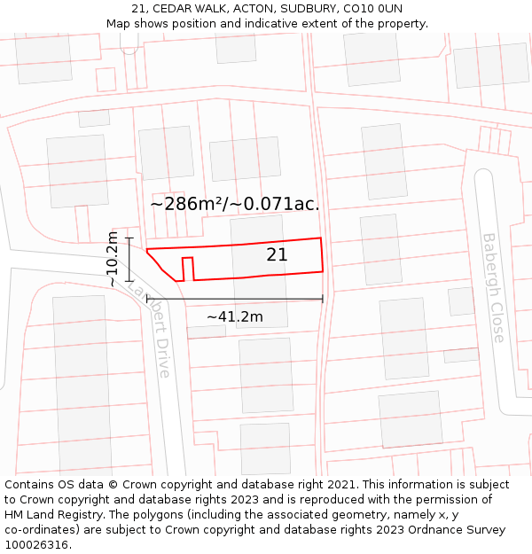 21, CEDAR WALK, ACTON, SUDBURY, CO10 0UN: Plot and title map