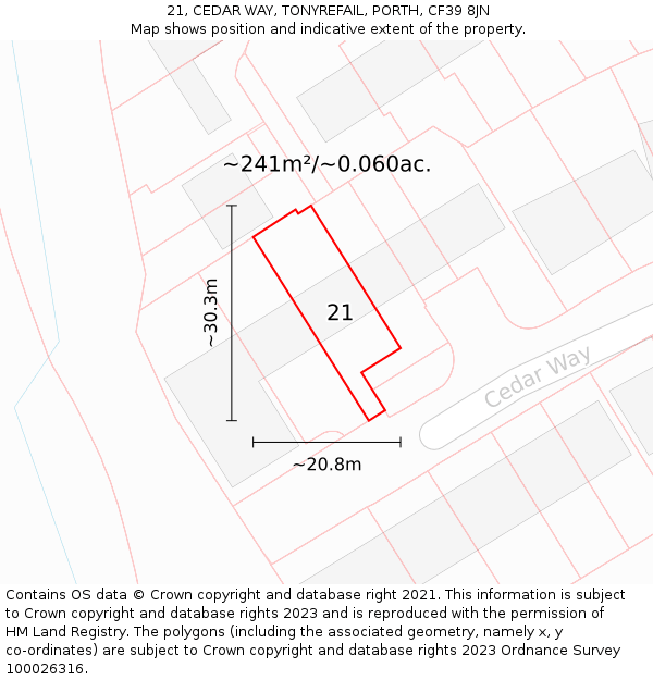 21, CEDAR WAY, TONYREFAIL, PORTH, CF39 8JN: Plot and title map