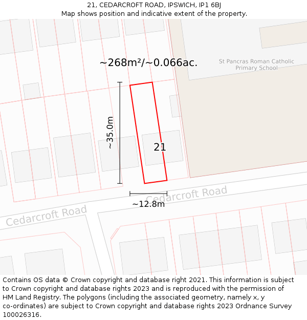 21, CEDARCROFT ROAD, IPSWICH, IP1 6BJ: Plot and title map