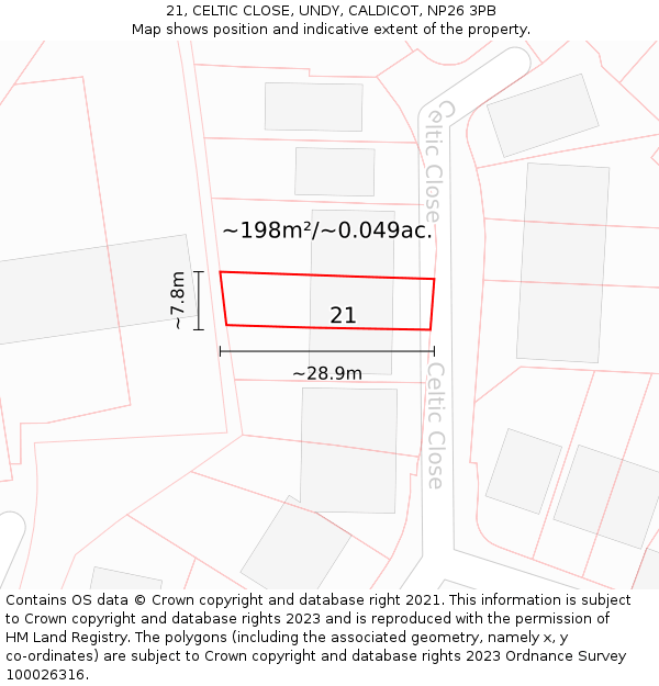 21, CELTIC CLOSE, UNDY, CALDICOT, NP26 3PB: Plot and title map