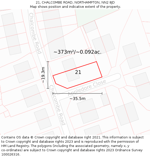 21, CHALCOMBE ROAD, NORTHAMPTON, NN2 8JD: Plot and title map