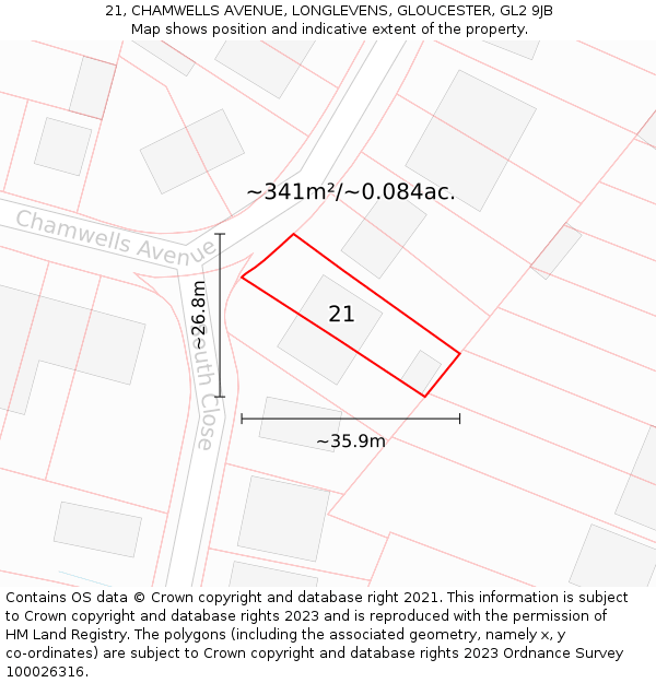 21, CHAMWELLS AVENUE, LONGLEVENS, GLOUCESTER, GL2 9JB: Plot and title map