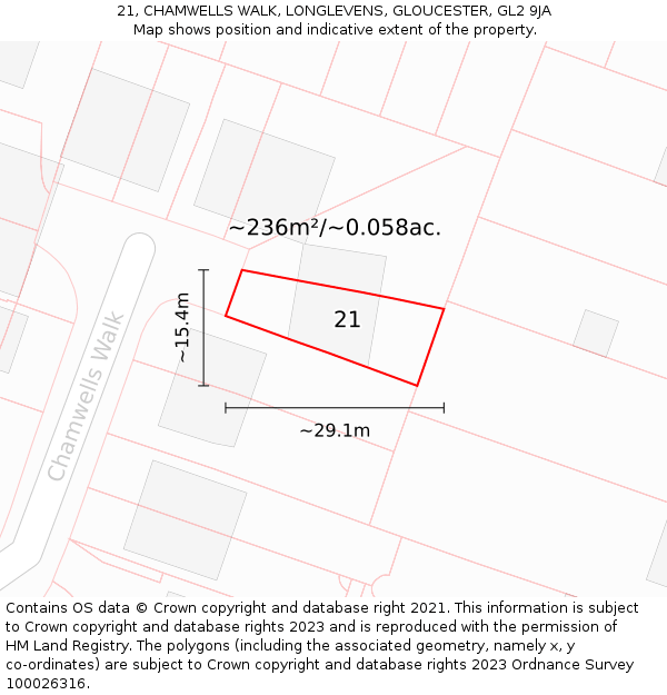 21, CHAMWELLS WALK, LONGLEVENS, GLOUCESTER, GL2 9JA: Plot and title map
