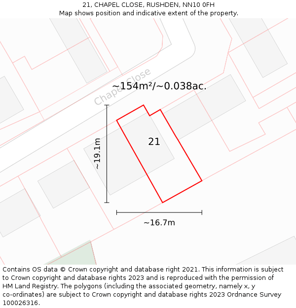 21, CHAPEL CLOSE, RUSHDEN, NN10 0FH: Plot and title map
