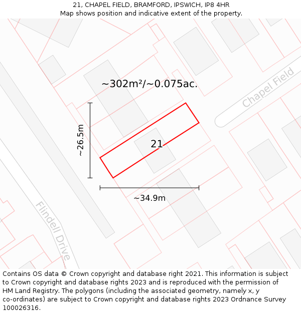 21, CHAPEL FIELD, BRAMFORD, IPSWICH, IP8 4HR: Plot and title map