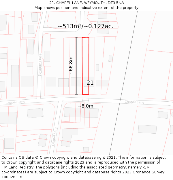 21, CHAPEL LANE, WEYMOUTH, DT3 5NA: Plot and title map
