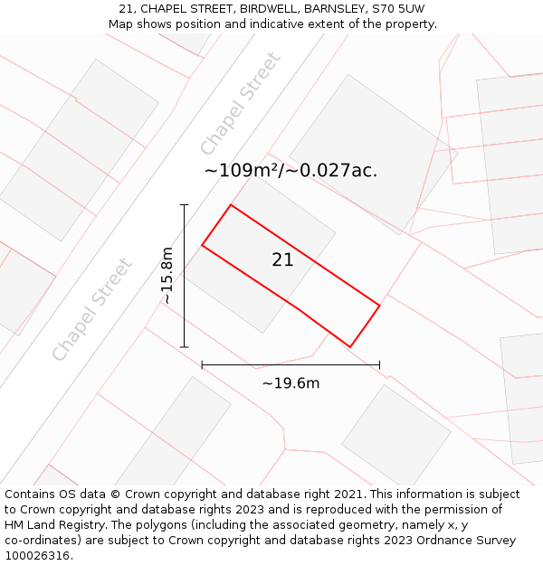 21, CHAPEL STREET, BIRDWELL, BARNSLEY, S70 5UW: Plot and title map