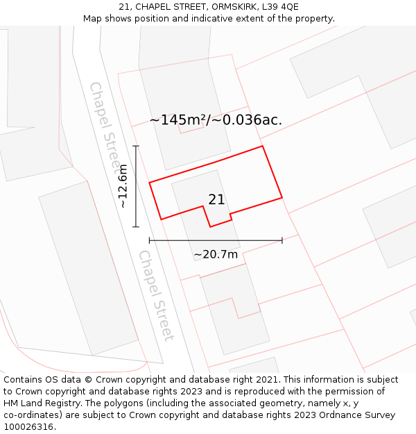 21, CHAPEL STREET, ORMSKIRK, L39 4QE: Plot and title map