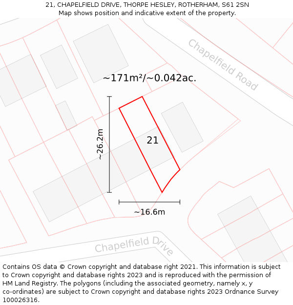 21, CHAPELFIELD DRIVE, THORPE HESLEY, ROTHERHAM, S61 2SN: Plot and title map