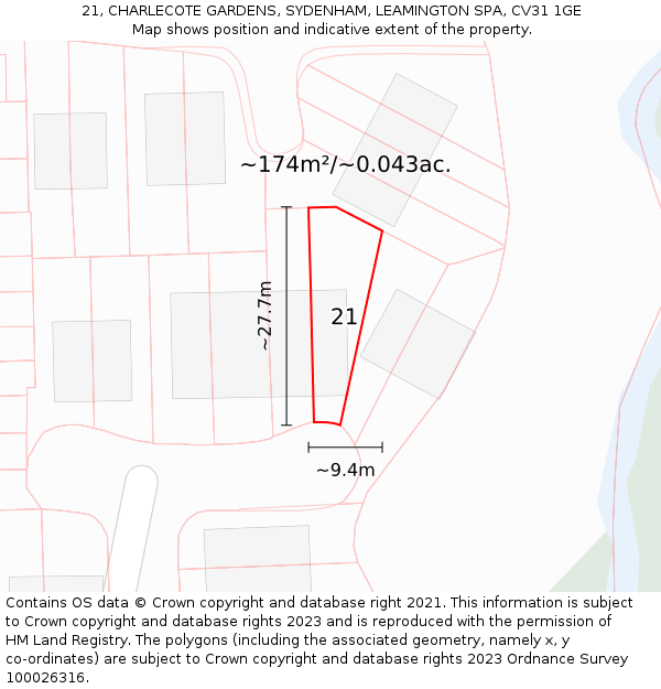 21, CHARLECOTE GARDENS, SYDENHAM, LEAMINGTON SPA, CV31 1GE: Plot and title map