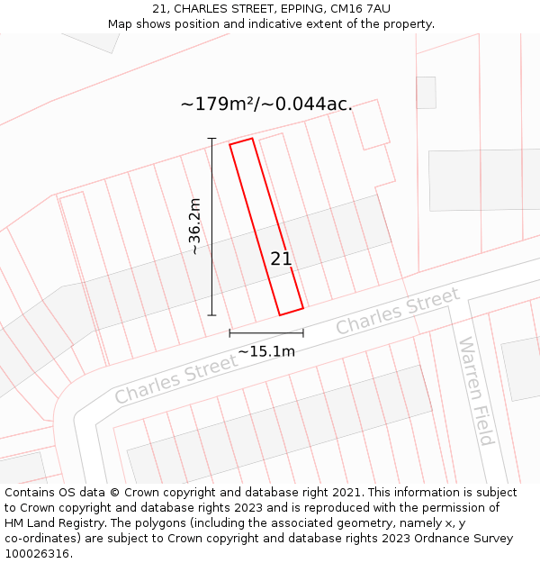 21, CHARLES STREET, EPPING, CM16 7AU: Plot and title map