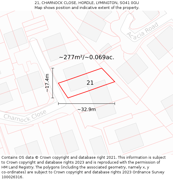 21, CHARNOCK CLOSE, HORDLE, LYMINGTON, SO41 0GU: Plot and title map