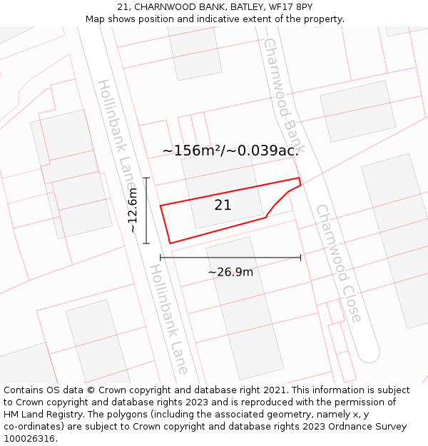 21, CHARNWOOD BANK, BATLEY, WF17 8PY: Plot and title map