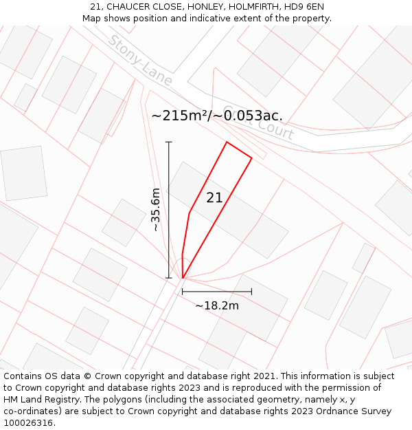 21, CHAUCER CLOSE, HONLEY, HOLMFIRTH, HD9 6EN: Plot and title map