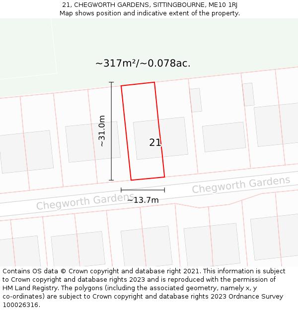 21, CHEGWORTH GARDENS, SITTINGBOURNE, ME10 1RJ: Plot and title map