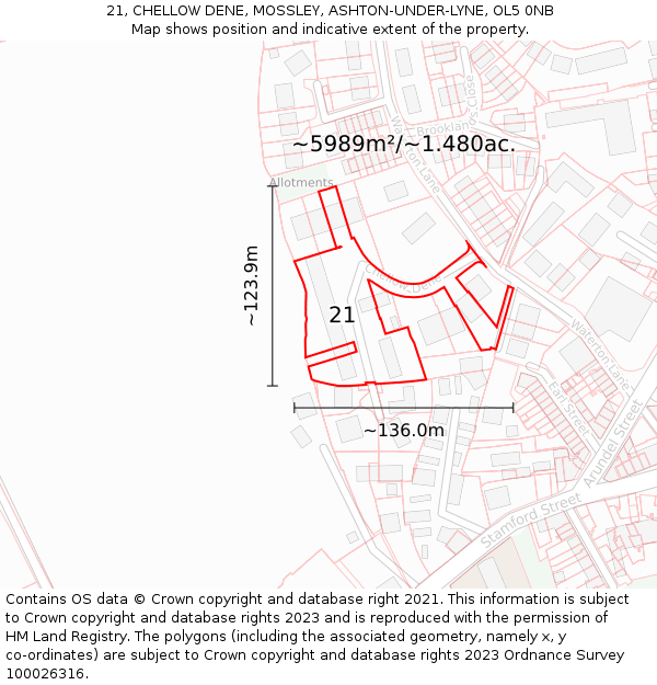 21, CHELLOW DENE, MOSSLEY, ASHTON-UNDER-LYNE, OL5 0NB: Plot and title map