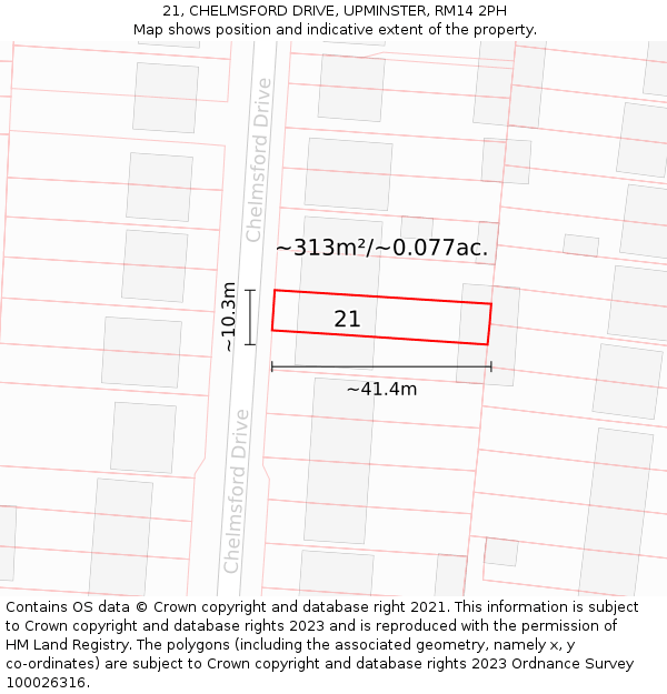 21, CHELMSFORD DRIVE, UPMINSTER, RM14 2PH: Plot and title map