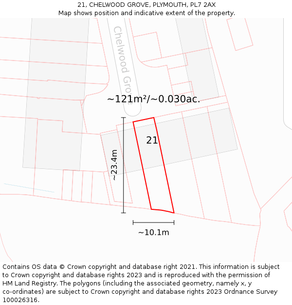 21, CHELWOOD GROVE, PLYMOUTH, PL7 2AX: Plot and title map
