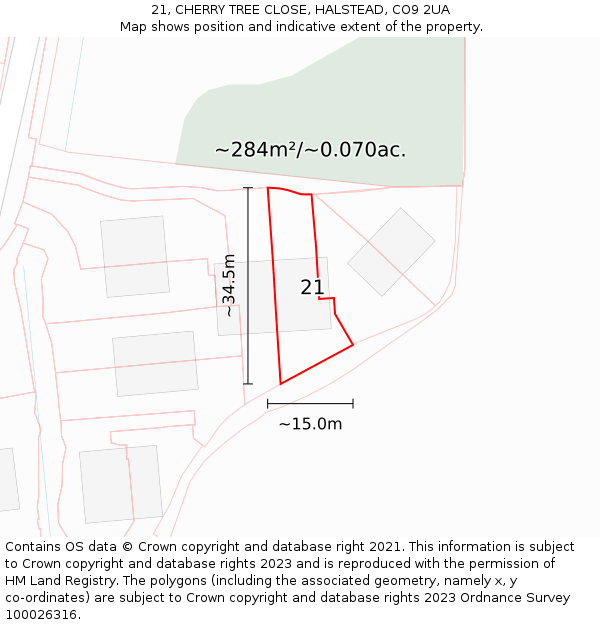 21, CHERRY TREE CLOSE, HALSTEAD, CO9 2UA: Plot and title map