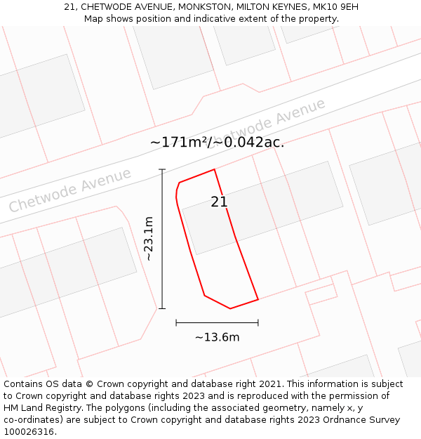 21, CHETWODE AVENUE, MONKSTON, MILTON KEYNES, MK10 9EH: Plot and title map