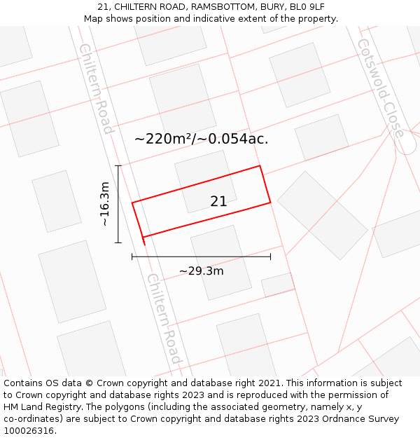 21, CHILTERN ROAD, RAMSBOTTOM, BURY, BL0 9LF: Plot and title map